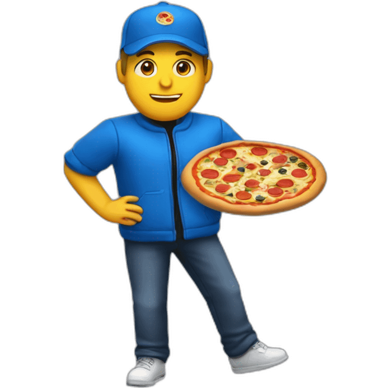 Pizza delivery white guy, black hat, blue puff jacket and red pizza bag emoji