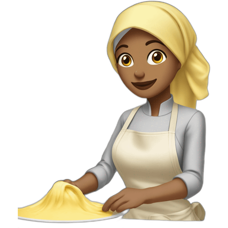 A light skin coloured hijabi wearing an apron while mixing cake batter standing behind a messy kitchen counter with ingredients  emoji