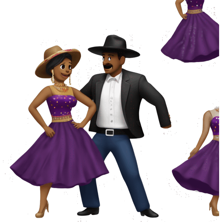 pareja de hombre y mujer bailando danza folcórica chilena llamada cueca. El hombre usa sombrero de huaso y la mujer usa vestido  emoji