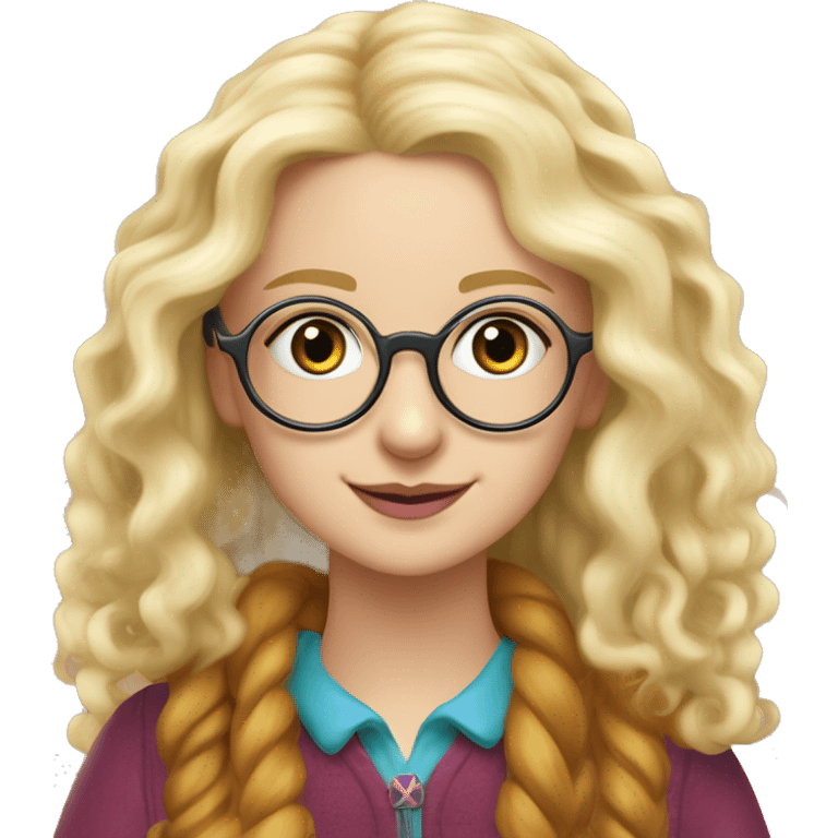 Generate Luna Lovegood a witch with long, wavy blonde hair. wearing round, radish-shaped glasses and a quirky outfit with a mixture of colors. Add a Luna Lovegood-inspired accessory like a butterbeer cork necklace,  emoji