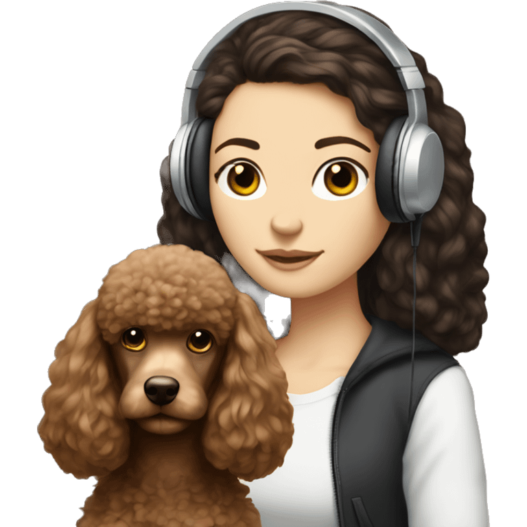 White girl, dark long straight hair in headphones with brown poodle emoji