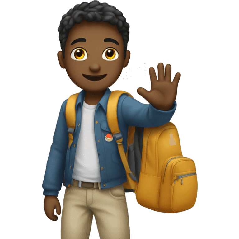 boy waving bye wearing school bag emoji