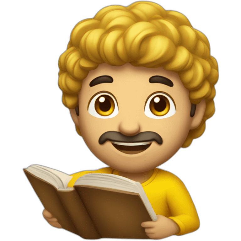 Armenian men with the yellow clothes reading book and looking at camera and smiling  emoji