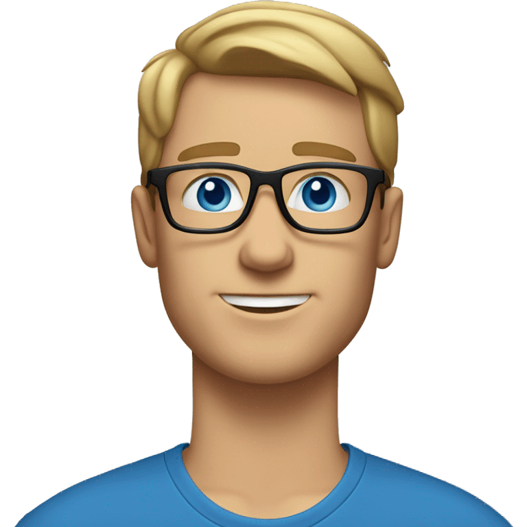 white guy with no beard, dark blond hair brad pit style square glasses blue eyes in laptop wearing blue t-shirt emoji