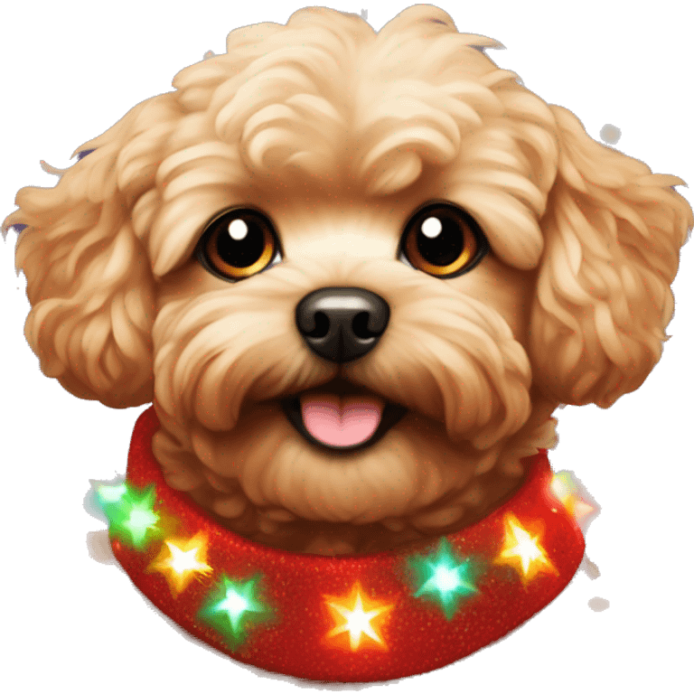 Red maltipoo with Christmas lights decorated around its neck emoji