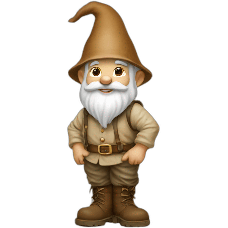 side view of gnome with light tan pants and boots squatting on top of small brown mud emoji