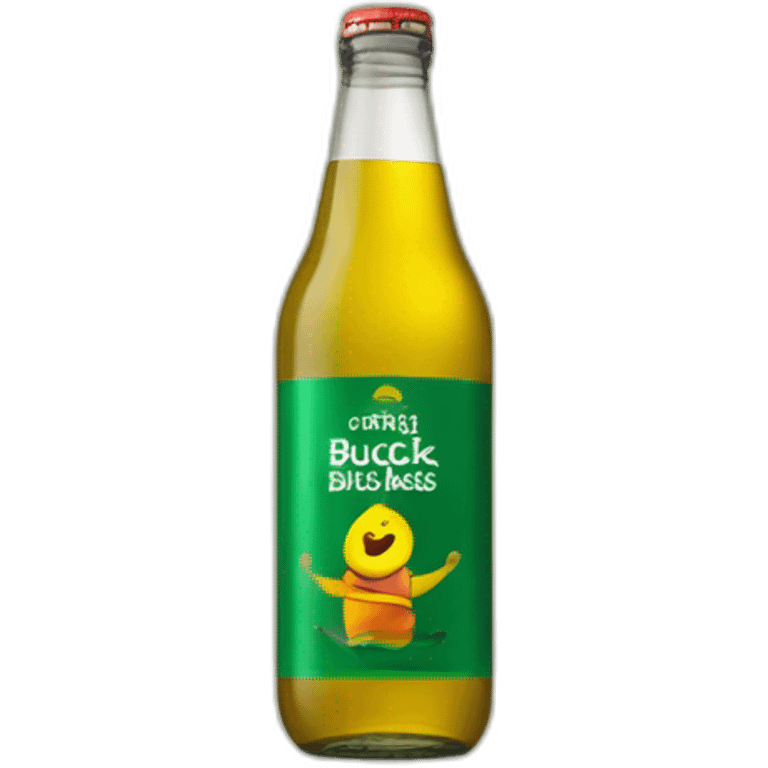 Man ski jumping over a giant green bottle of buckfast tonic wine with slogan made my monks makes you drunk fast on a yellow label on the bottle emoji