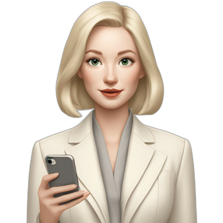 pale skin woman with ash blonde Straightened bob Hair, White Spacious classical jacket, beige palazzo Arrow pants and gray blouse holding white IPhone 15 pro in the hands emoji