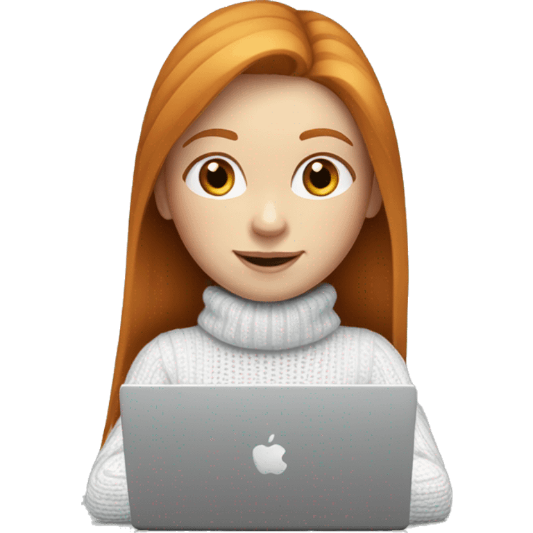 ginger girl with straight long hair and blue eyes in turtle neck white sweater working on a laptop emoji