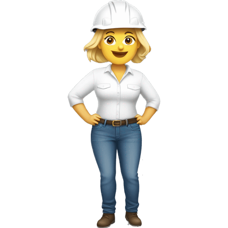 Blond short hair middle age woman with curvy body. White shirt and jeans. Construction helmet on hands emoji