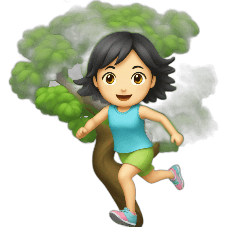 little asian girl running round a tree emoji