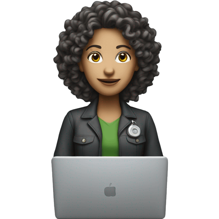 A white-faced woman engineer with curly hair with a laptop in front of her emoji