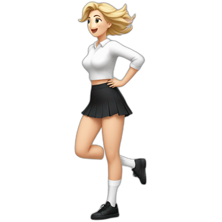 full-body-caucasian-curvy-beauty-jumping-short-black-skirt-back-and-front-views-strong-wind-white-knickers-long-white-socks emoji