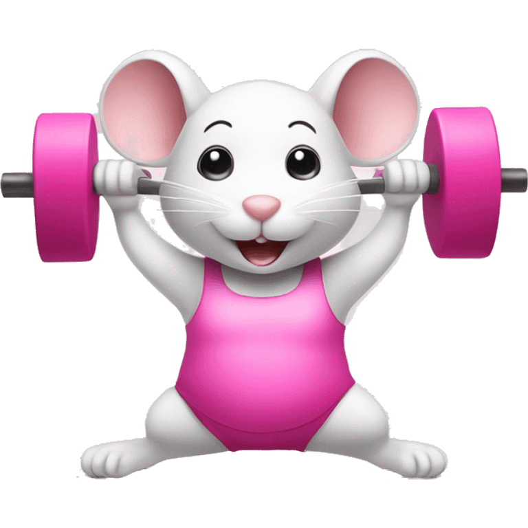 Cute white mouse doing pilates with pink weights emoji