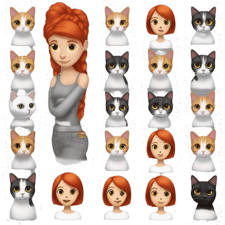 redhead girl with cats - one Cat black and White and second Cat Black White red emoji