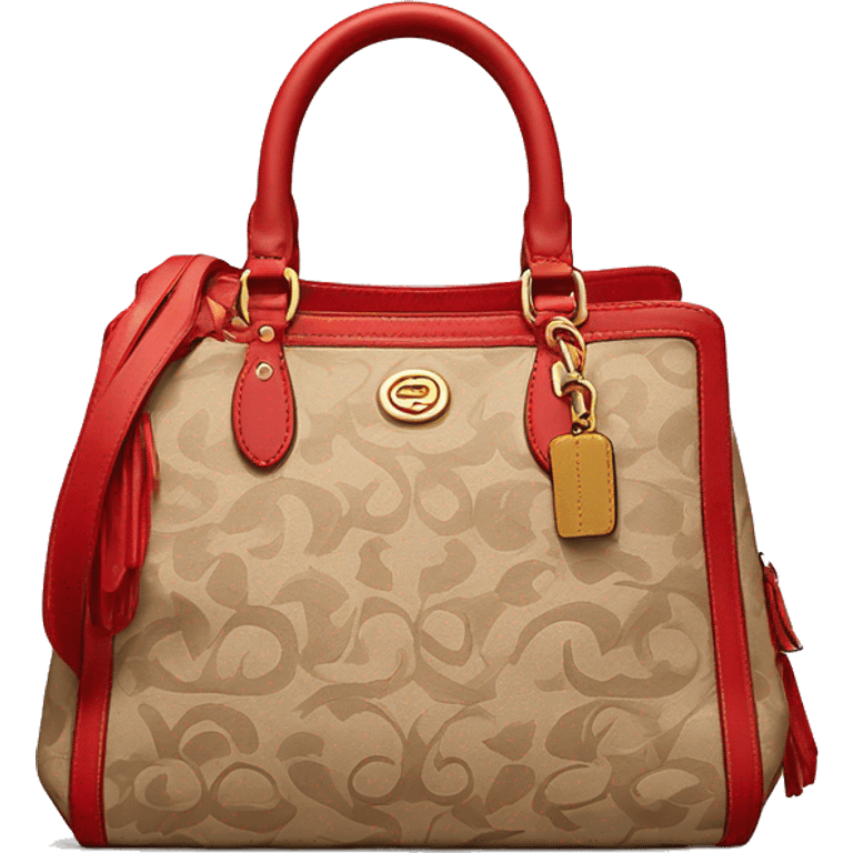 Beige Designer Coach bag with red monogram and beige trim emoji