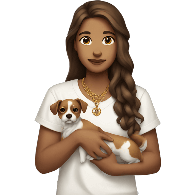 Long brown hair and light skinned holding a small dog and with a God necklace with a white shirt? emoji