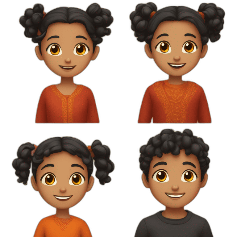 smiling 3 years old indian girl with black curly hair in pigtails wearing a orange dress and smiling 3 years old indian boy with black hair wearing a dark red sweater emoji