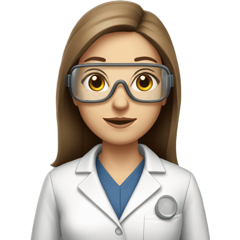 Pharmaceutical scientist woman with clear goggles, long straight brown hair and eyes and pale tan skin emoji