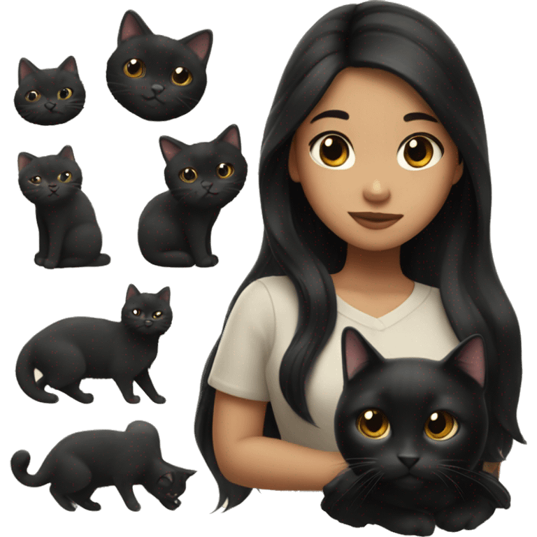 long black hair Filipina girl with puffy black cat. emoji