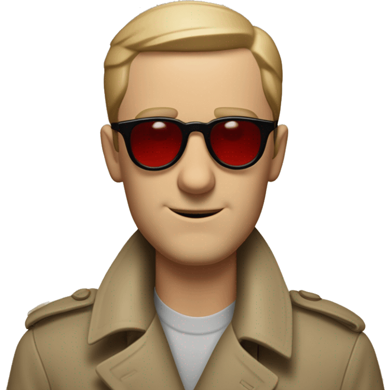 <excerpt>
A 1930s white man with real buzz cut Black hair, beard stubble donning tiny red tinted sun glasses in a dirty tan trench coat, is serious.
</excerpt> emoji