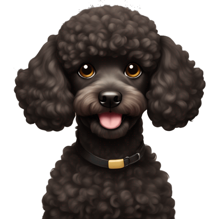 A cute black mini poodle with a brown coloured moustache smiling  emoji