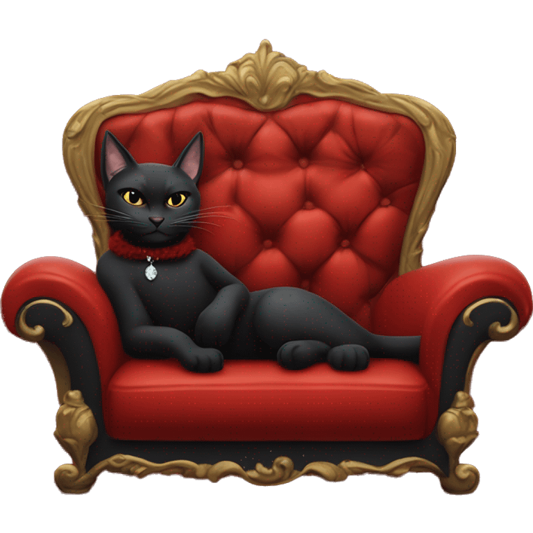 black cat wearing a boa laying down on a sultry red couch smoking a cigarette with a martini  emoji