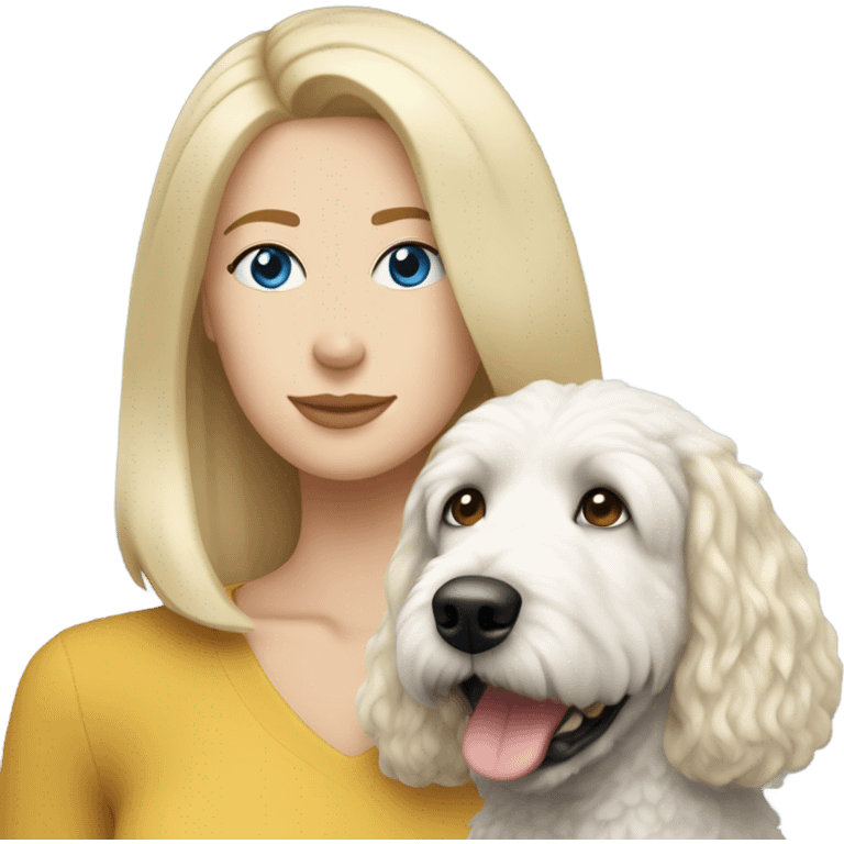 White lady with shoulder length blonde straight hair and blue eyes and her white golden doodle dog emoji