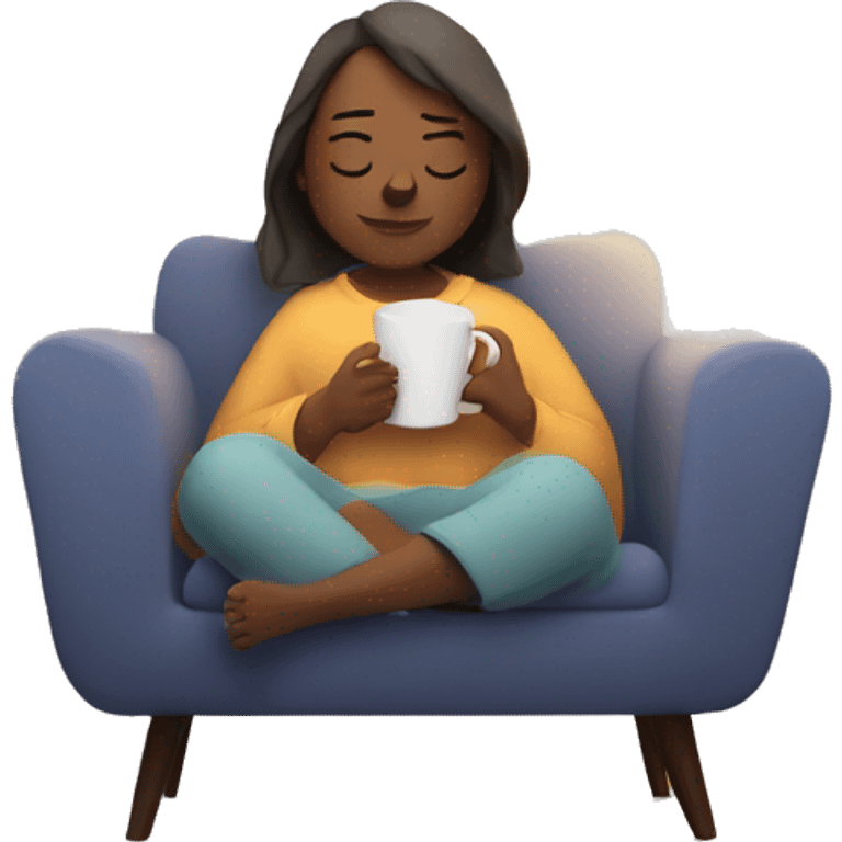 An image of a person relaxing on a comfy chair with a blanket, a cup of tea, and soft lighting, creating a peaceful atmosphere emoji