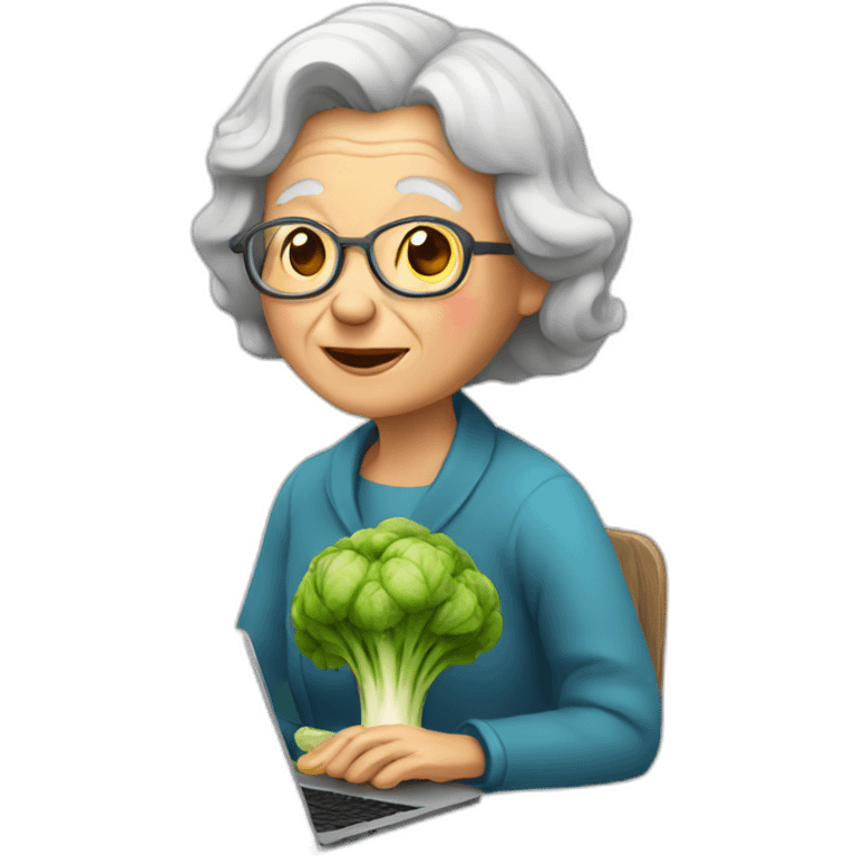 Old woman sitting with laptop and a vegetable emoji