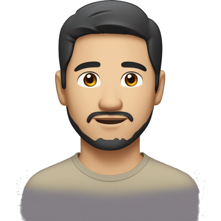 A head and shoulders shot of a 35 year old Asian man, with short black hair, with trimmed beard facial hair,   with brown eyes wearing a t-shirt. emoji