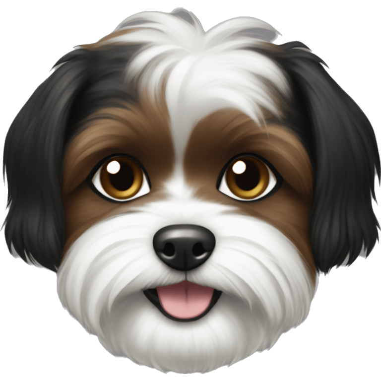 Black brown and white shorkie dog smiling with half black and half white face emoji