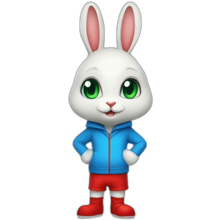 Blue humanoid rabbit with red shorts and white gloves with green eyes and monkey tail, full body emoji