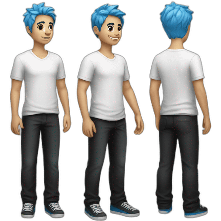 A boy with blue hair, a white shirt and black pants is looking good. emoji