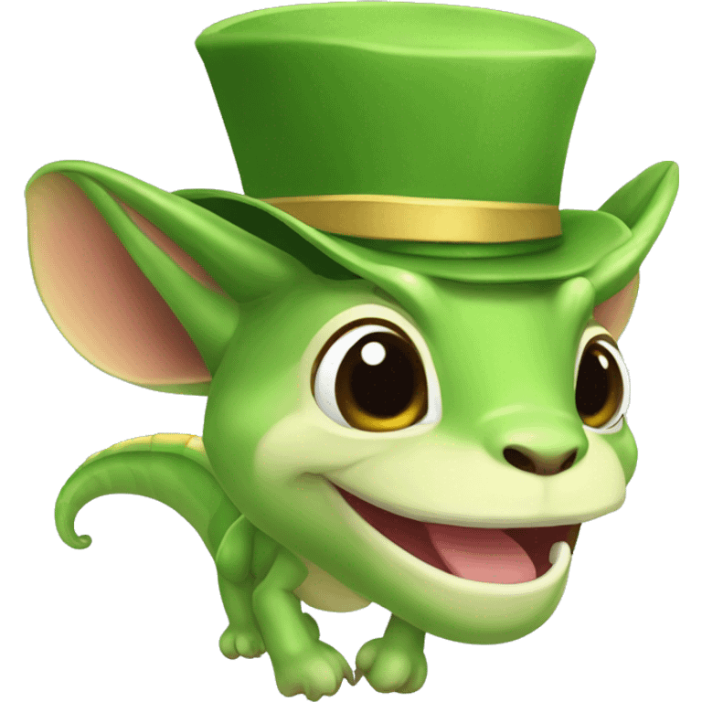 camaleon verde sonriendo con cara de humano y un abrigo y gorro puestos emoji