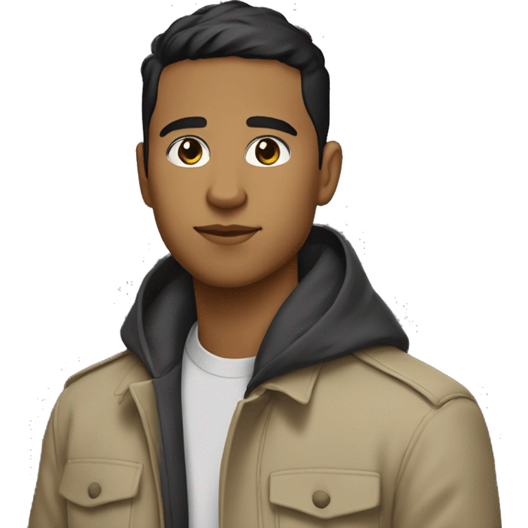 25-year old latino with black eyes and short hair wearing a hoodie with a trench coat emoji