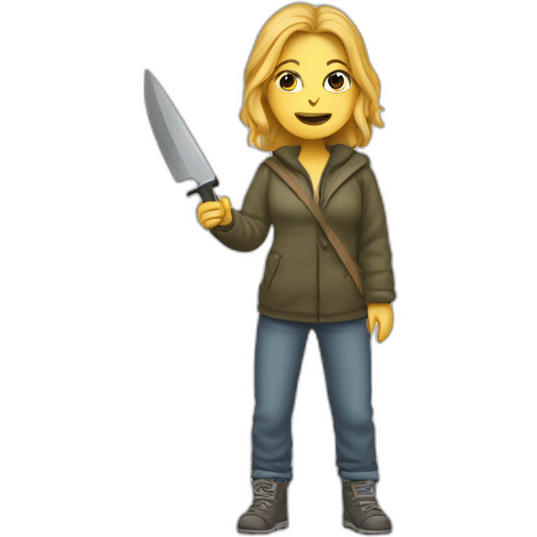 Homeless caucasian woman showing a knife emoji