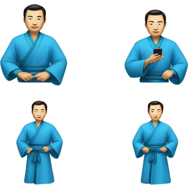 Chinese man in a blue robe makes an iPhone emoji