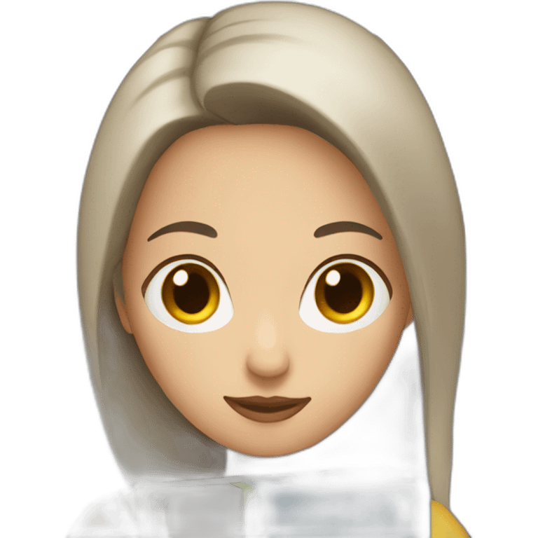 White woman with dark brown hair holding a book emoji