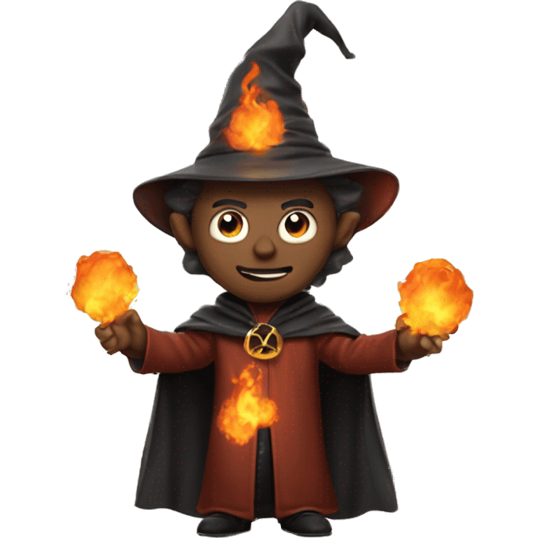 Human demonologist in a wizard costume, surrounded by a fiery halo, Halloween theme, emoji emoji