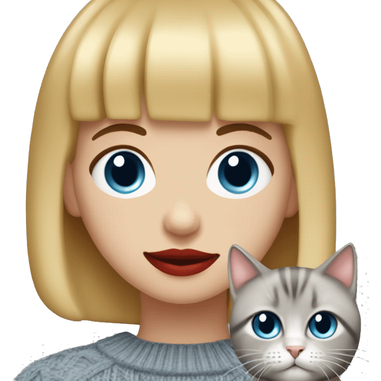 girl with blonde bob hair and bangs (a fringe) with blue eyes, long eyelashes and red lipstick in a red cable knit sweater holding a grey cat emoji