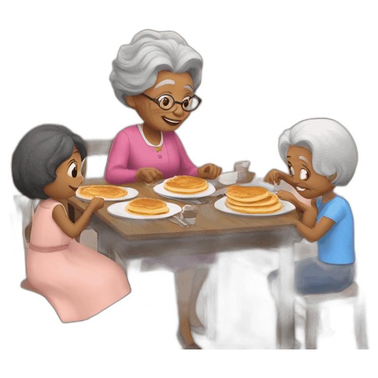 Granny with family in the table eat pancakes emoji