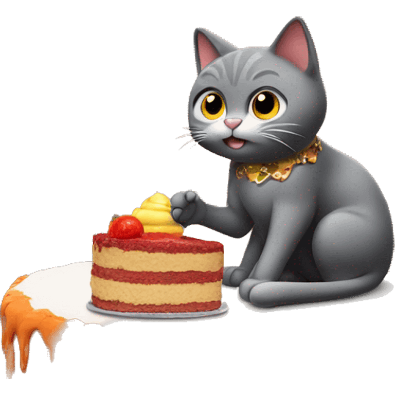 The cat is sitting and eating a cake on a volcano  emoji