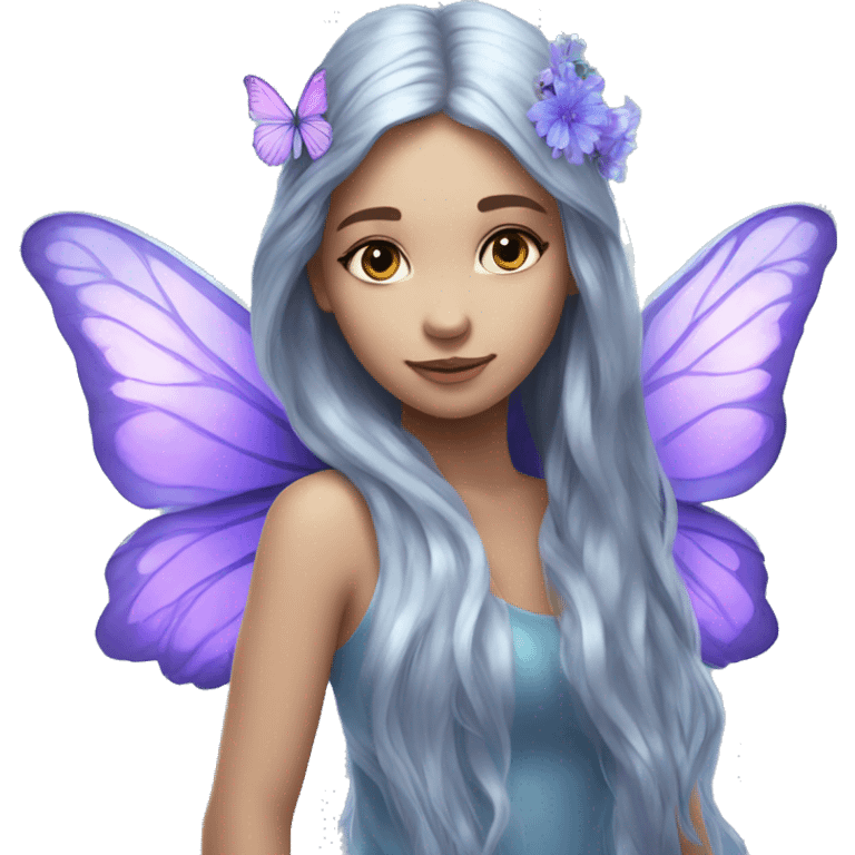 Beautiful, flower, fairy, blue, silver, purple, long hair, big butterfly wings emoji