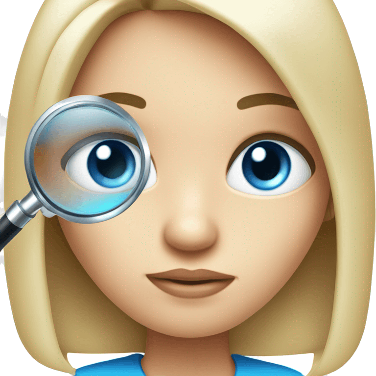 white girl with black hair and blue eyes with magnifying glass and a suspicious look emoji