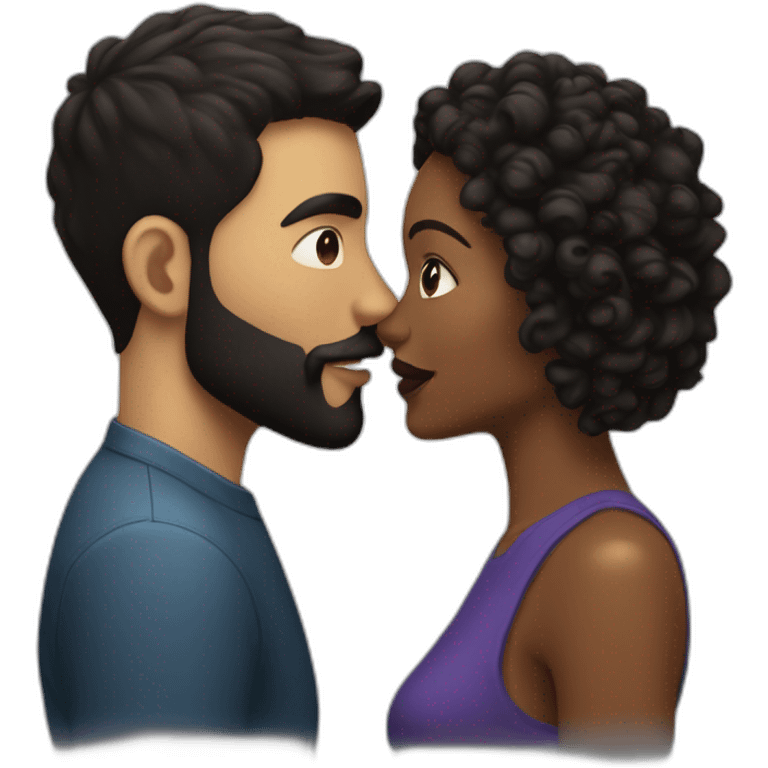 White man with a smooth black hair cut fade and a black beard kissing a black woman with long brown curly hair emoji