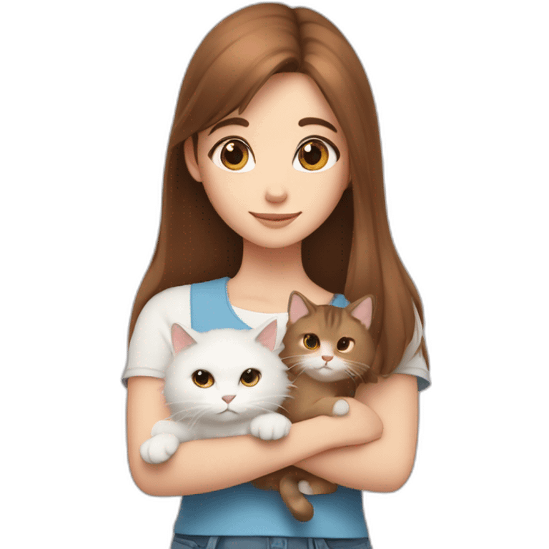 A girl with brown straight hair and a white fluffy cat lying in her arms with eyes of different colors emoji