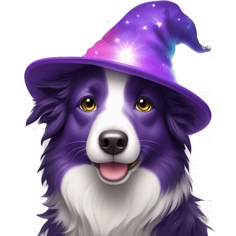 Rainbow-coloured Border Collie wearing a purple velvet wizard hat covered with tiny, sparkling, silver stars.  emoji