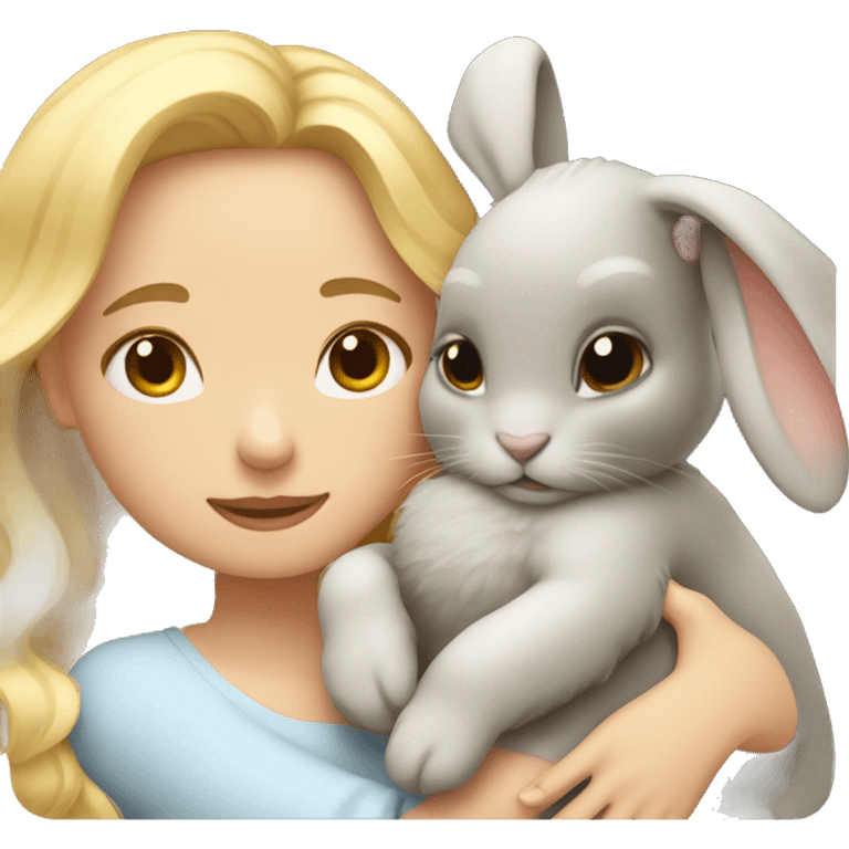 Blond wavy hair girl cuddling a honey grey rabbit emoji