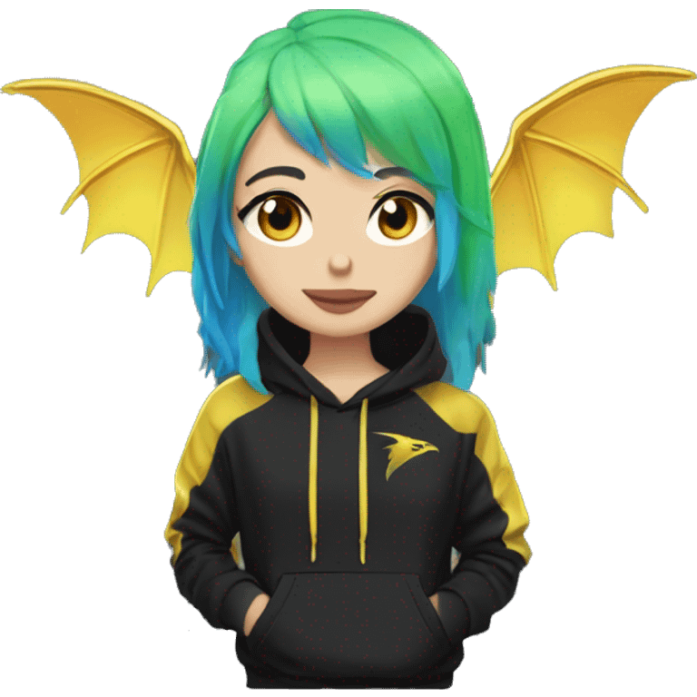 Lady with brunette and iridescent blue hair, gold, lime green dragon wings, black hoodie, bleach dyed, black and gold Nike t shirt, and bright red eyes emoji